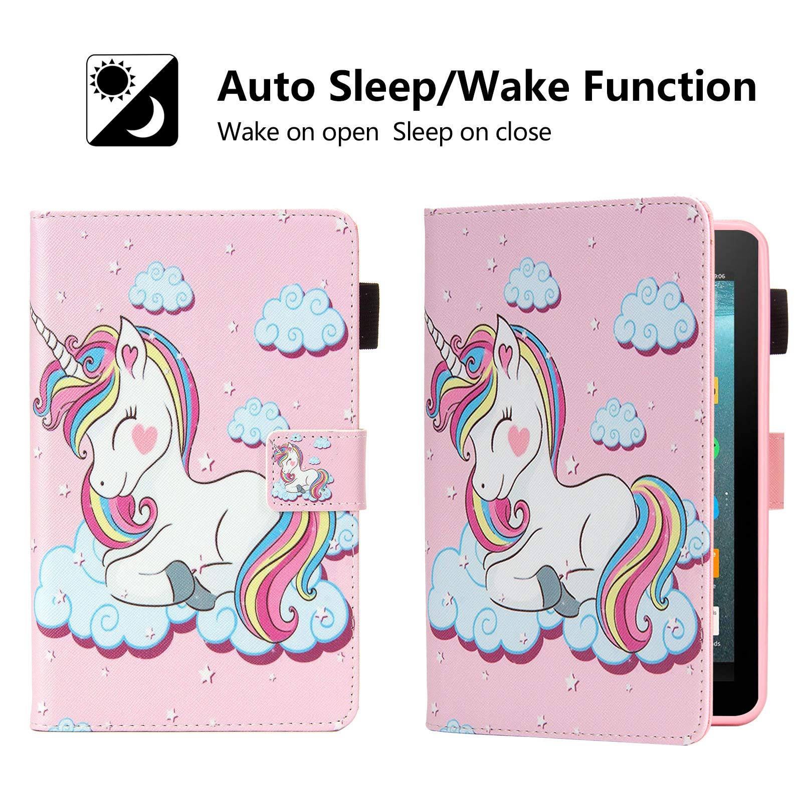 Dteck Case for Fire 7 Tablet (9th/7th/5th Generation, 2019 2017 2015) - Magnetic Folio Cute Case with [Auto Sleep Wake/Adjustable Viewing Stand] Protective Leather Kids Girly Cover (Smile Unicorn)