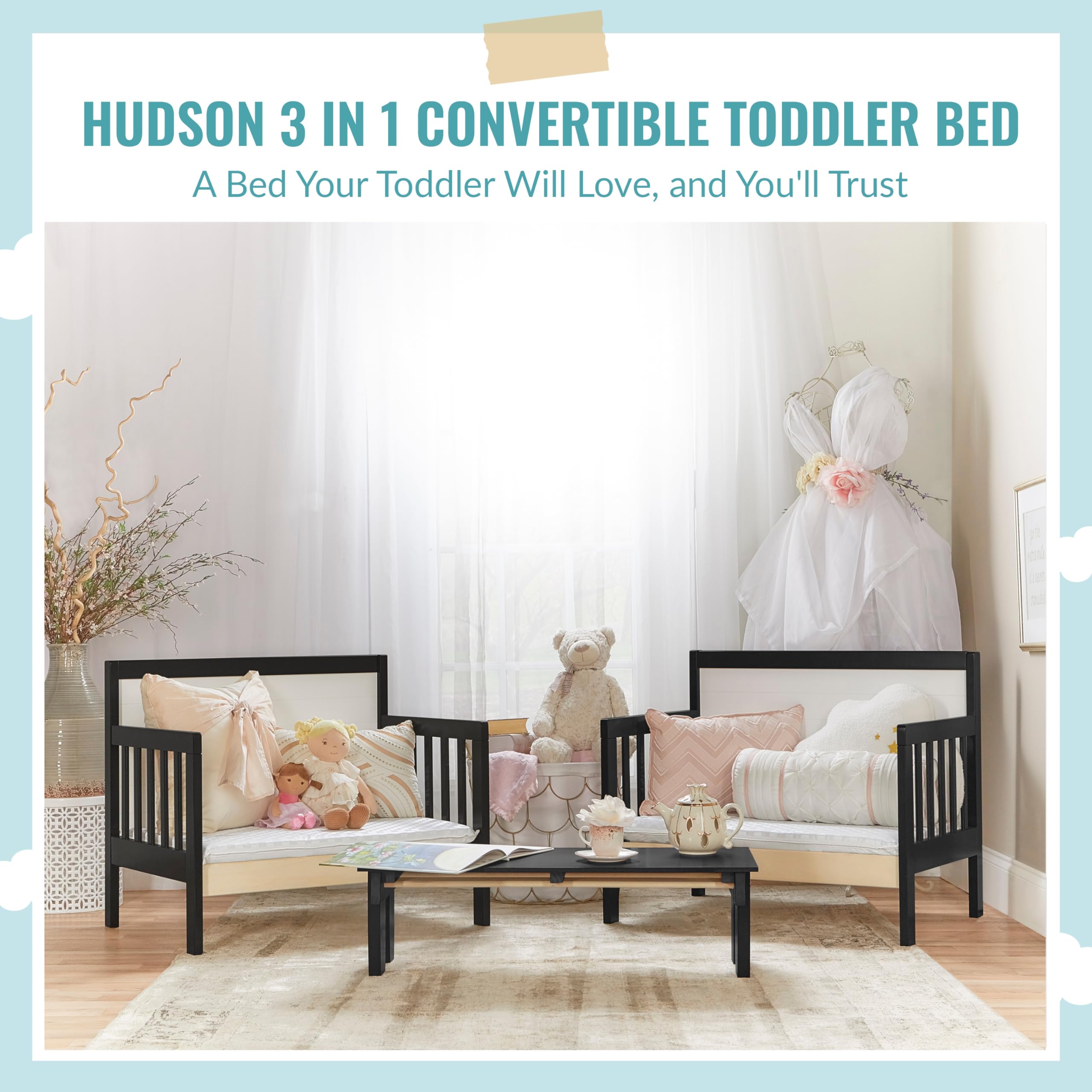 Dream On Me Hudson 3 In 1 Convertible Toddler Bed In Black And White, Greenguard Gold Certified, JPMA Certified, Non Toxic Finishes, Made of Sustainable New Zealand Pinewood