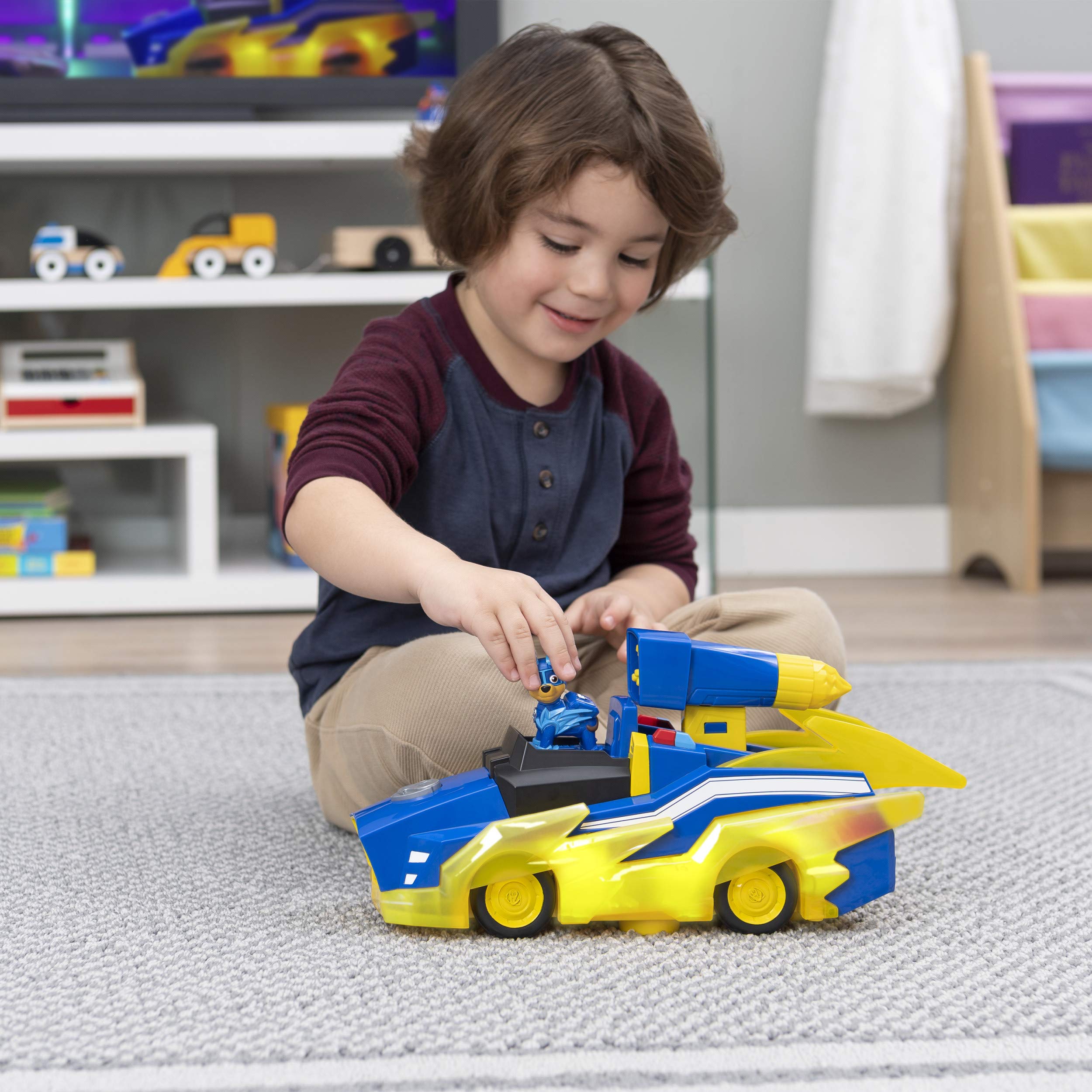 Paw Patrol, Mighty Pups Charged Up Chase Transforming Deluxe Vehicle Preschool Toy with Lights and Sounds