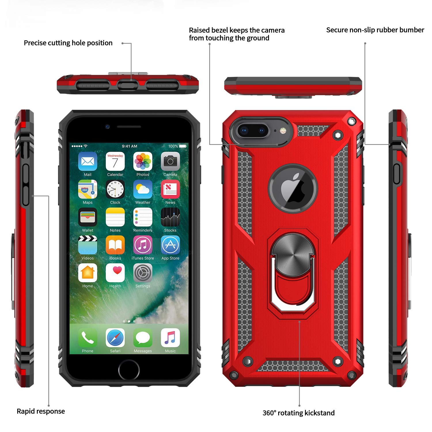 LeYi Compatible for iPhone 8 Plus Case, iPhone 7 Plus Case for Women, iPhone 6s Plus Case with Tempered Glass Screen Protector [2Pack], Military-Grade Phone Case with Kickstand for iPhone 6 Plus, Red