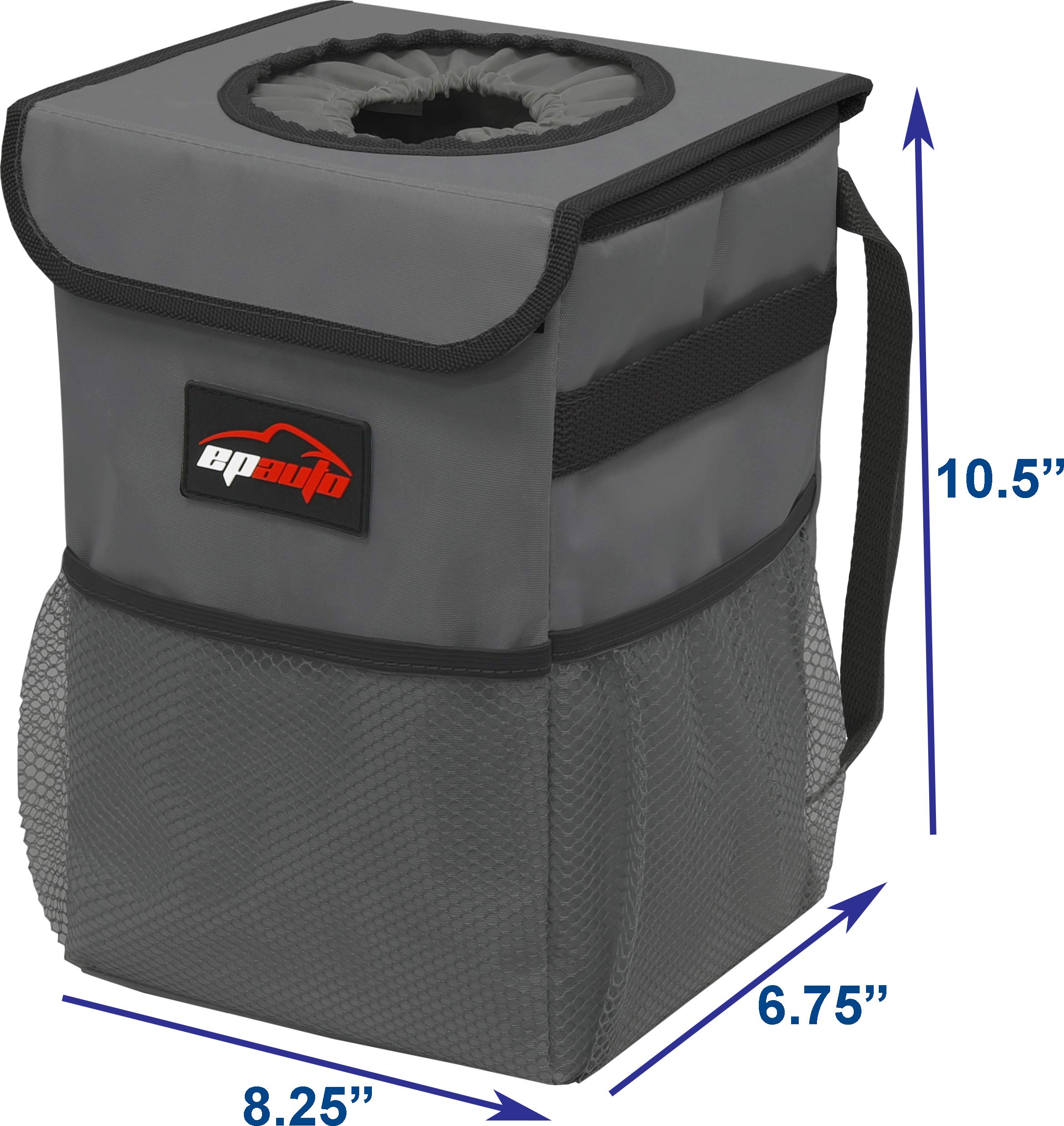 EPAuto Waterproof Car Trash Can with Lid and Storage Pockets, Dark Grey