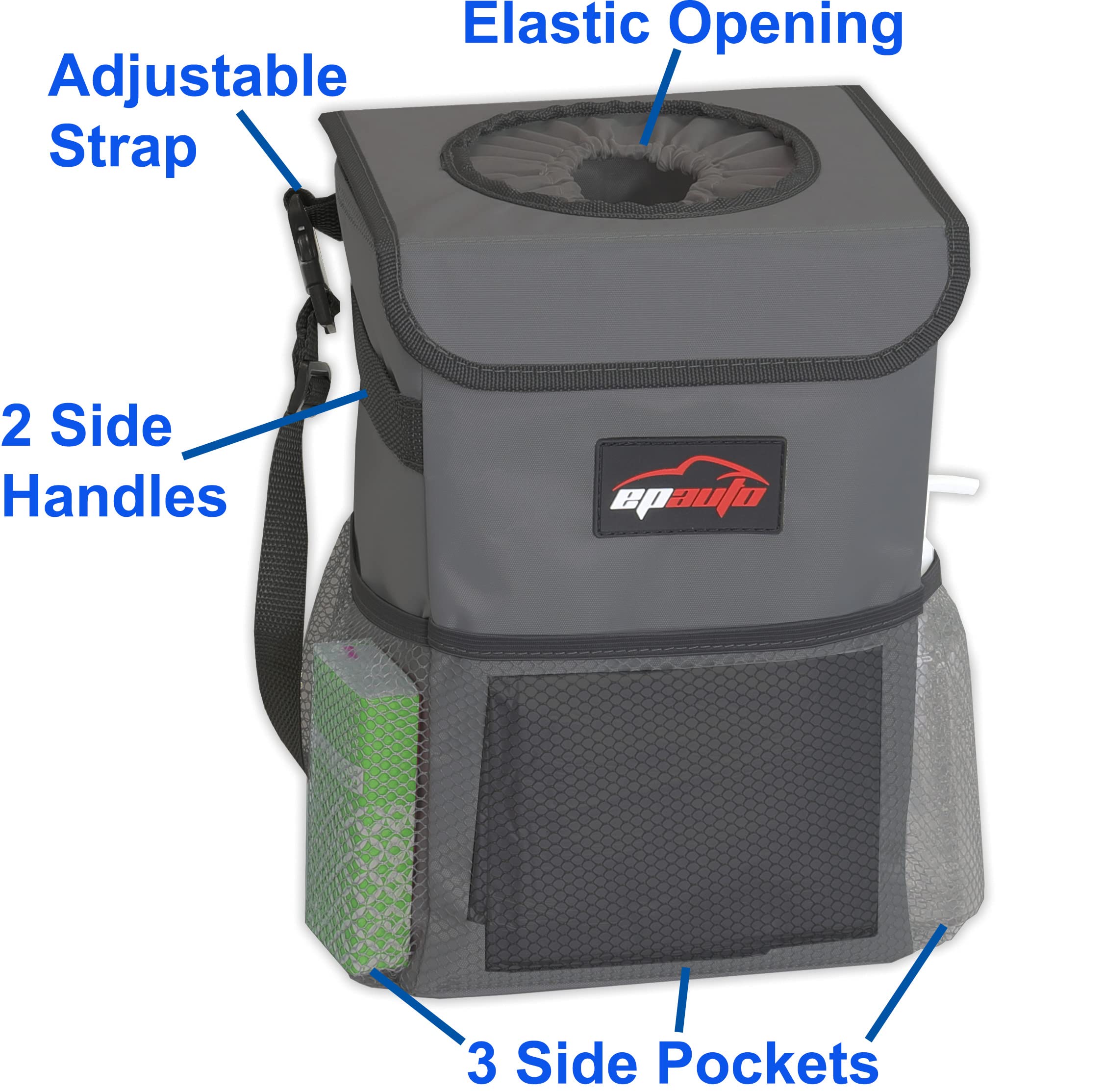 EPAuto Waterproof Car Trash Can with Lid and Storage Pockets, Dark Grey