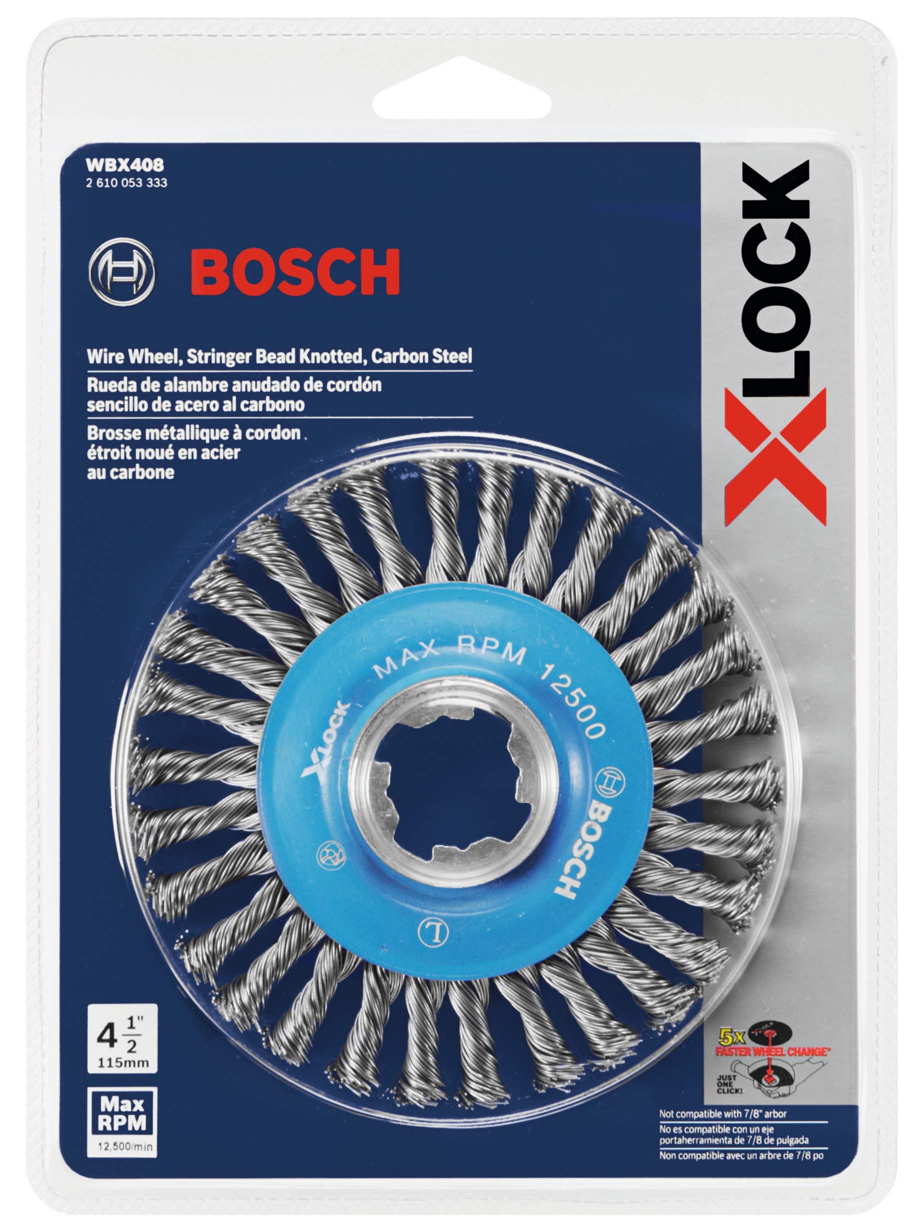 BOSCH WBX408 4-1/2 In. X-LOCK Arbor Carbon Steel Stringer Bead Knotted Wire Wheel For Applications in Difficult Brushing in Tight Places for Cleaning Welds