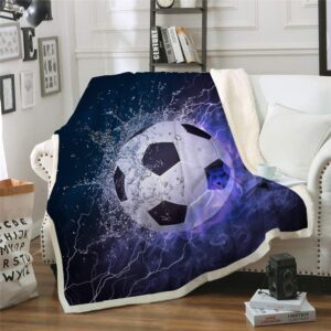 wongs bedding socccer throw blanket reversible purple flame soccer pattern blanket for soccer fans teens boys kids, cozy warm blanket for all seasons, plush fleece blanket sofa couch bed 50" x 60"