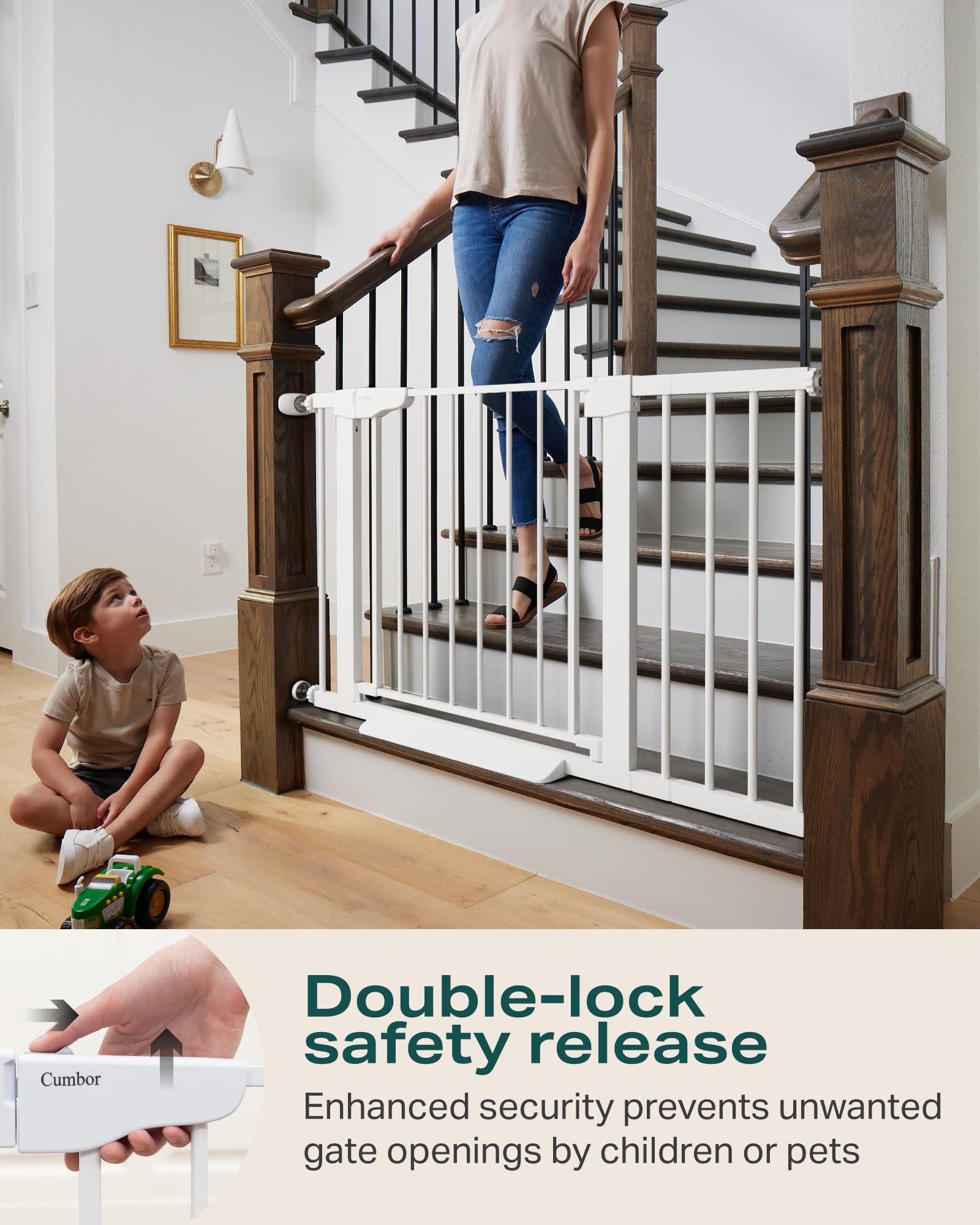 Cumbor 29.7"-40.6" Baby Gate for Stairs, Dog Gate for Doorways, Pressure Mounted Self Closing Pet Gates for Dogs Indoor, Durable Safety Child Gate with Easy Walk Thru Door, Mom's Choice Awards Winner