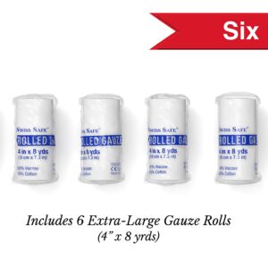 Swiss Safe Long Elastic Stretch Gauze Rolls, 4 Inch x 8 Yards, (6 Pack)