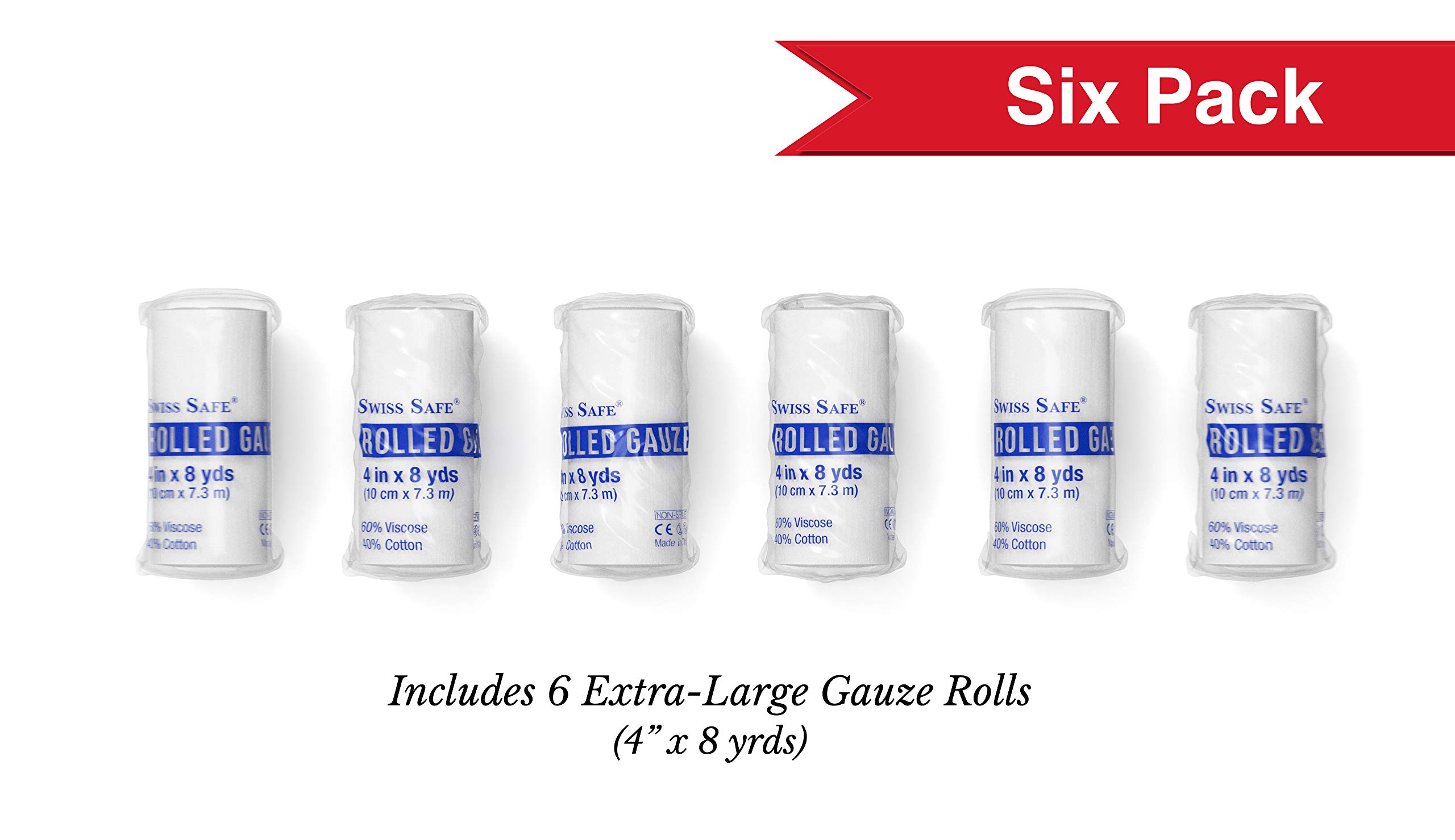 Swiss Safe Long Elastic Stretch Gauze Rolls, 4 Inch x 8 Yards, (6 Pack)