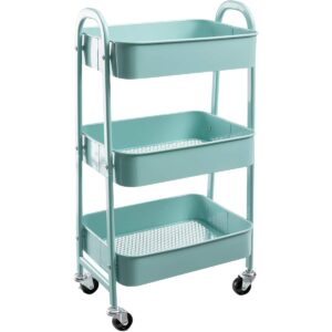 agtek makeup cart, movable rolling organizer cart, aqua blue 3 tier metal utility cart