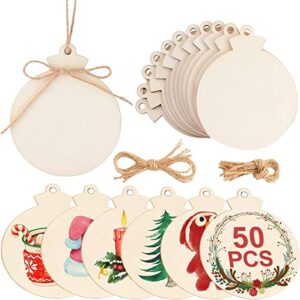 OurWarm 50pcs Round Christmas Wooden Ornaments for Crafts, 4" Unfinished Wood Ornaments Blank Predrilled Natural Wood Slices, DIY Christmas Tree Ornaments Hanging Decorations