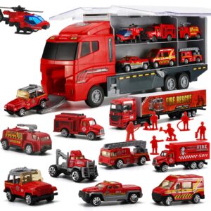 19 pcs fire truck with firefighter toy set, mini die-cast fire engine car in carrier truck, mini rescue emergency double side transport vehicle for kid child boy girl birthday christmas party favors