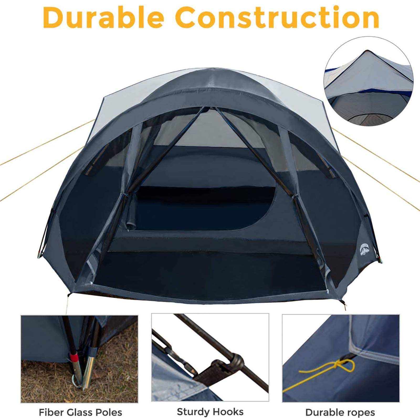 Pacific Pass 6 Person Dome Tent w/ Removable Rain Fly and Screen Room, Water Resistant - Navy/Gray