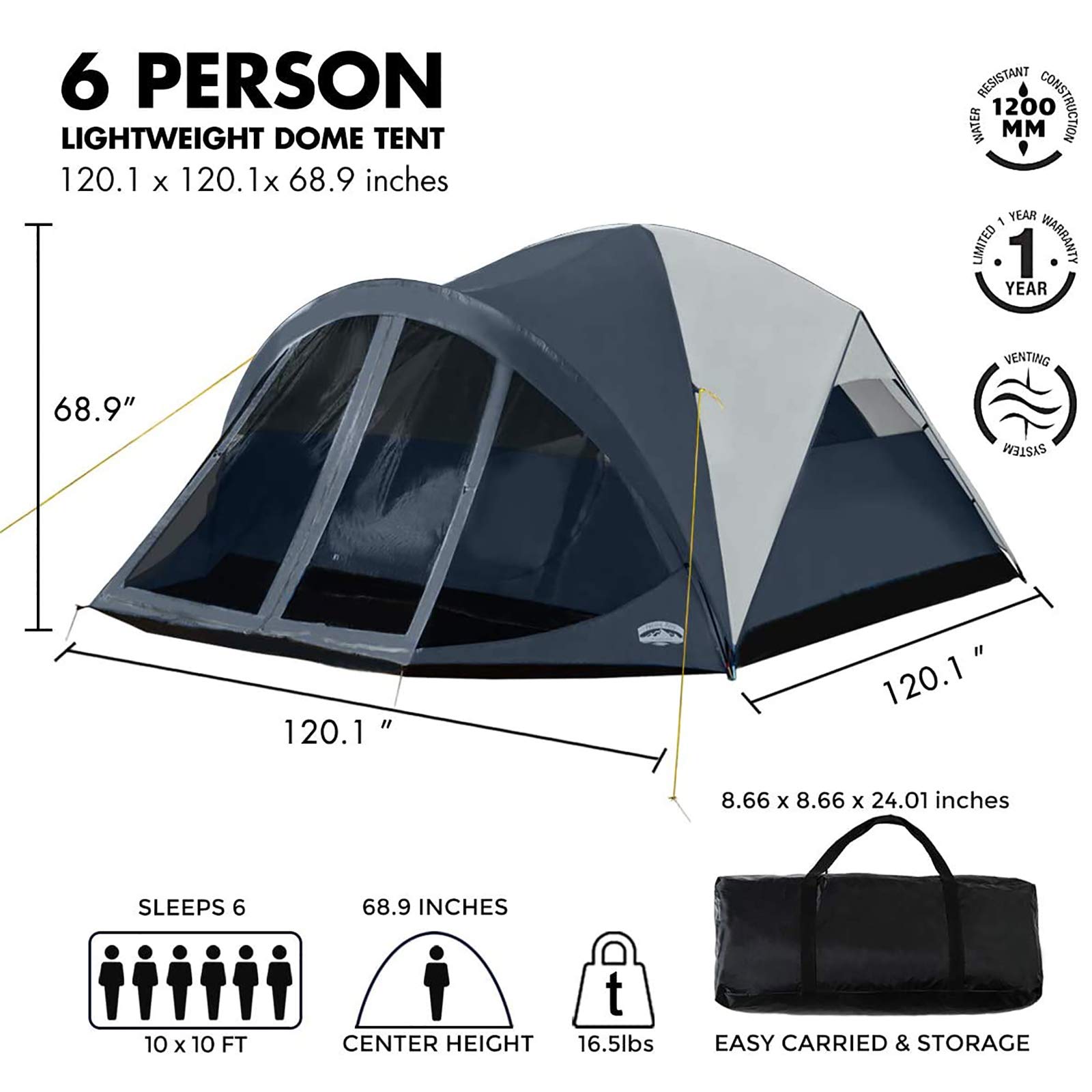 Pacific Pass 6 Person Dome Tent w/ Removable Rain Fly and Screen Room, Water Resistant - Navy/Gray