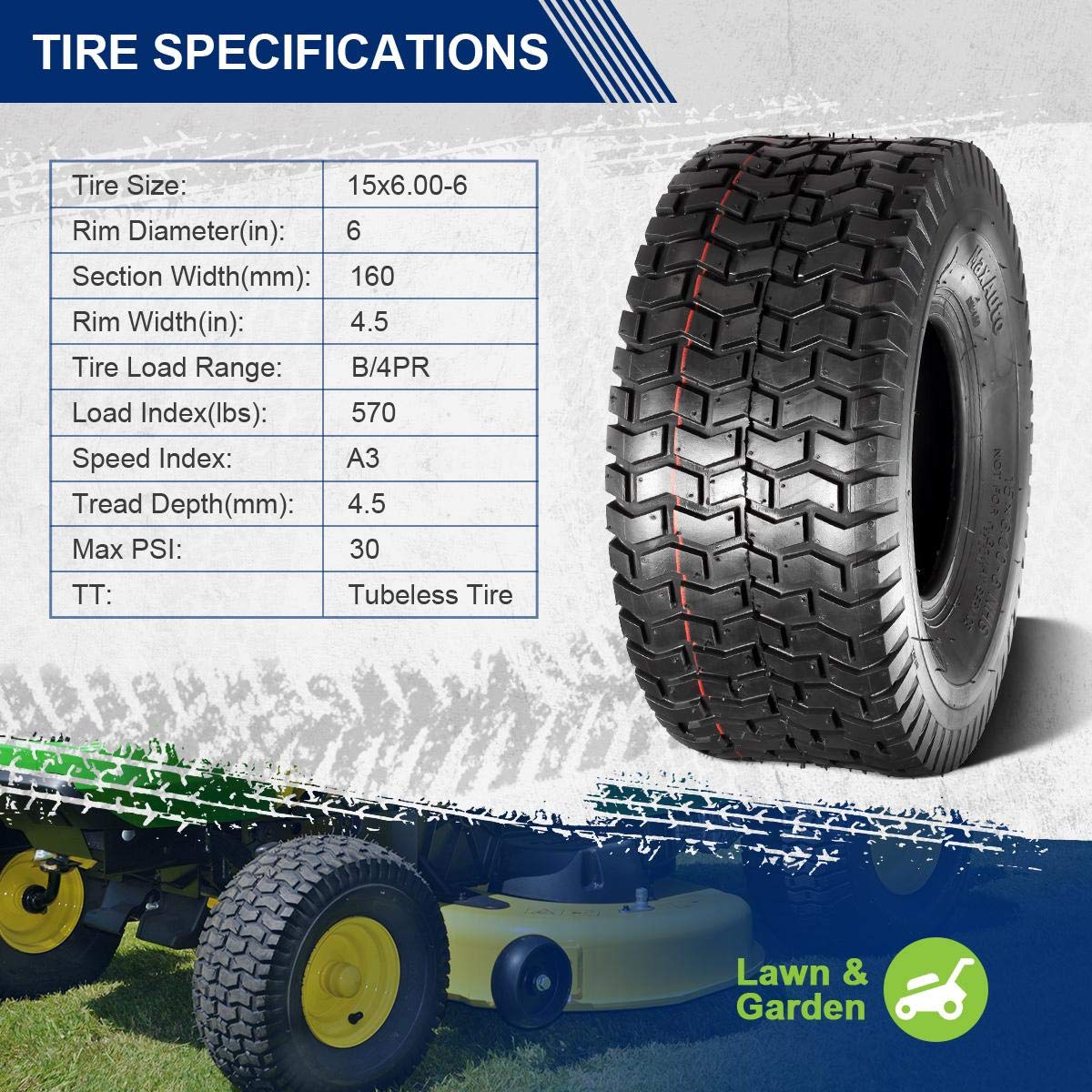 MaxAuto 15x6.00-6nhs Lawn Mower Tires 15x6x6 Lawn Tractor Tire 15x6-6 Turf Tires, 4 Ply Tubeless Tire, 570 lbs Capacity, Set of 2