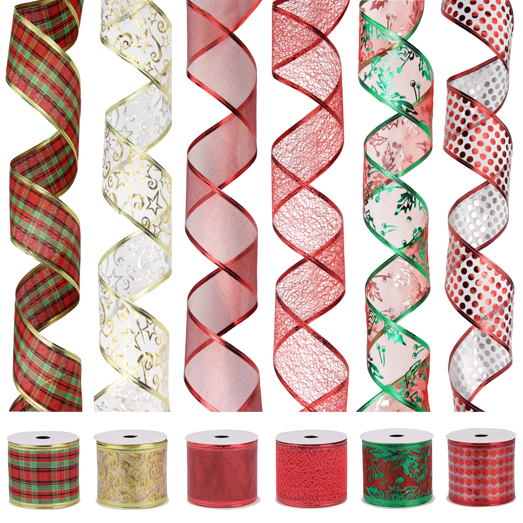 VATIN Christmas Ribbon,Wired Holiday Party Ribbons Assorted Plaid Dot Holly Patterns Decorations, Swirl Sheer Glitter Ribbon 36 Yards (2.5" Width x 6Yard Each Roll) - Classical