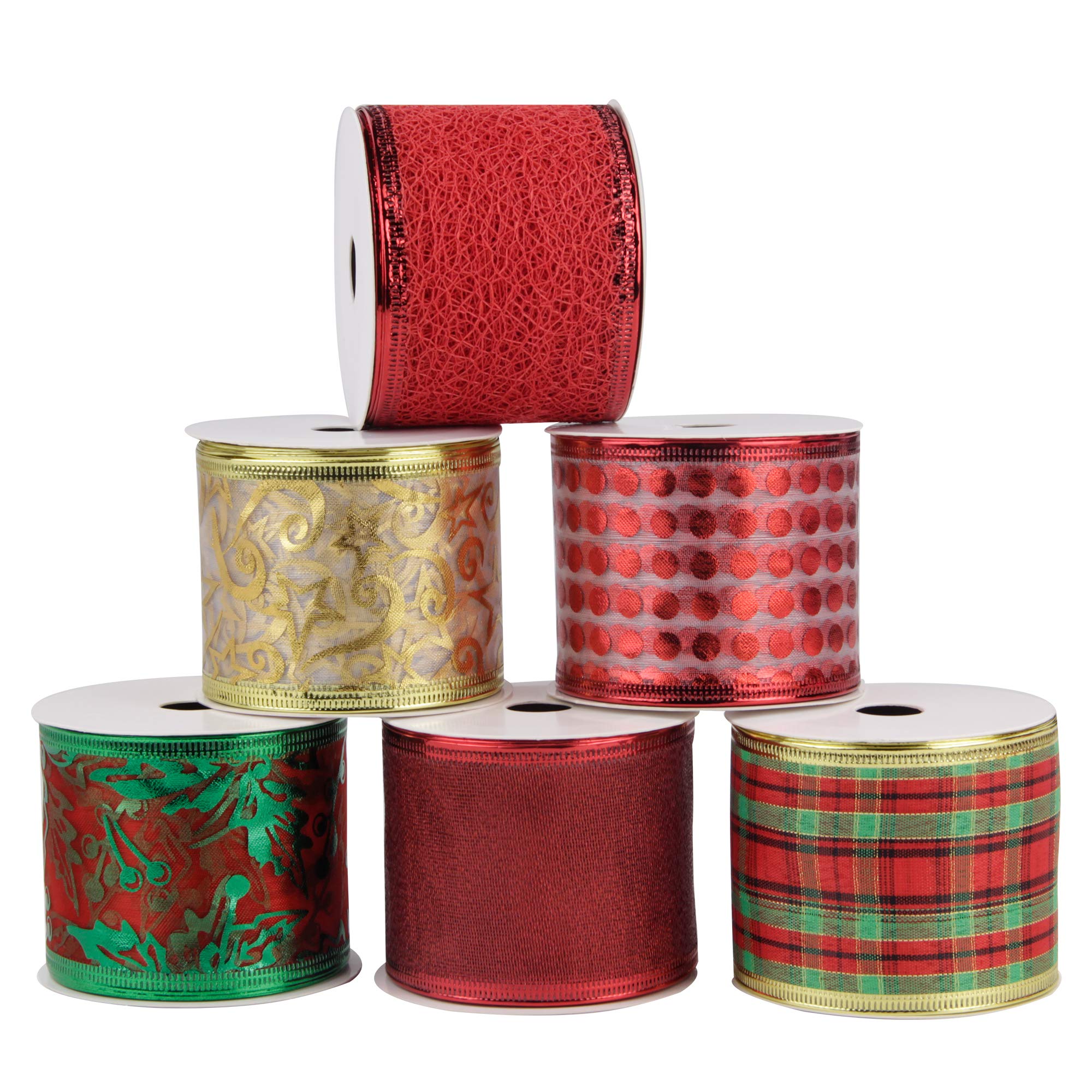 VATIN Christmas Ribbon,Wired Holiday Party Ribbons Assorted Plaid Dot Holly Patterns Decorations, Swirl Sheer Glitter Ribbon 36 Yards (2.5" Width x 6Yard Each Roll) - Classical