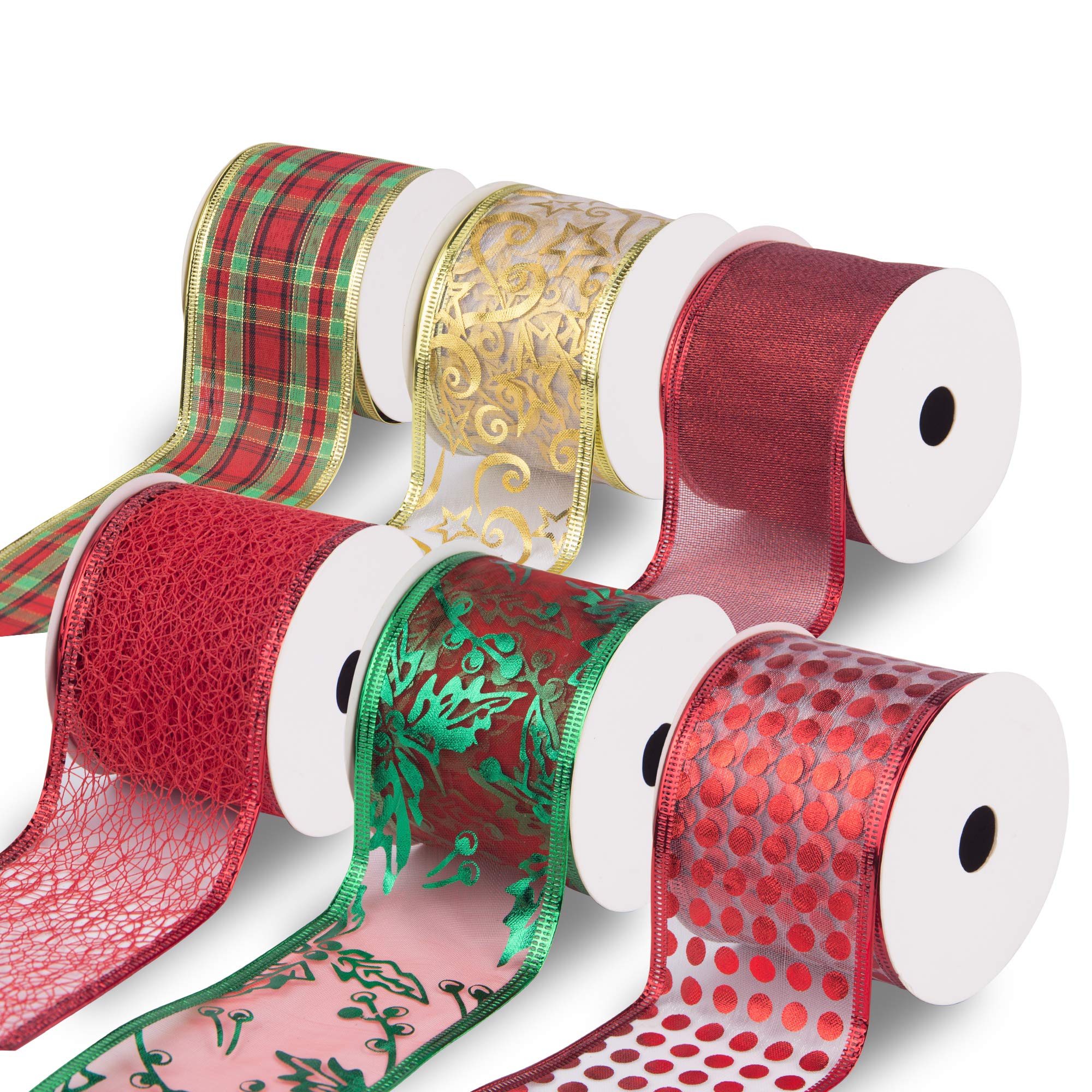 VATIN Christmas Ribbon,Wired Holiday Party Ribbons Assorted Plaid Dot Holly Patterns Decorations, Swirl Sheer Glitter Ribbon 36 Yards (2.5" Width x 6Yard Each Roll) - Classical