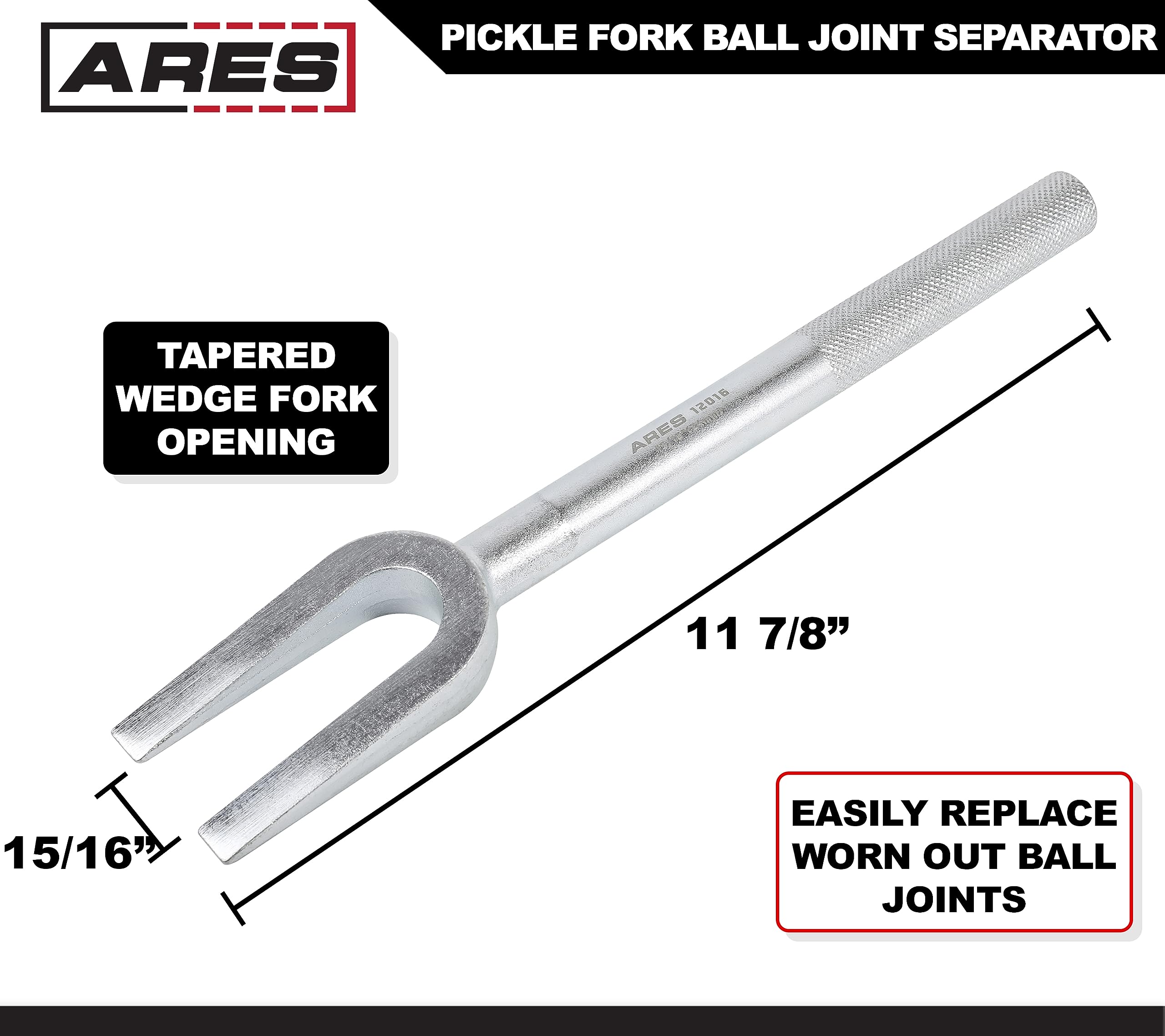 ARES 12016-15/16-inch Pickle Fork Ball Joint Separator - Tempered Drop Forged Steel Construction - 15/16-Inch Tapered Fork with Non-Slip Knurled Handle