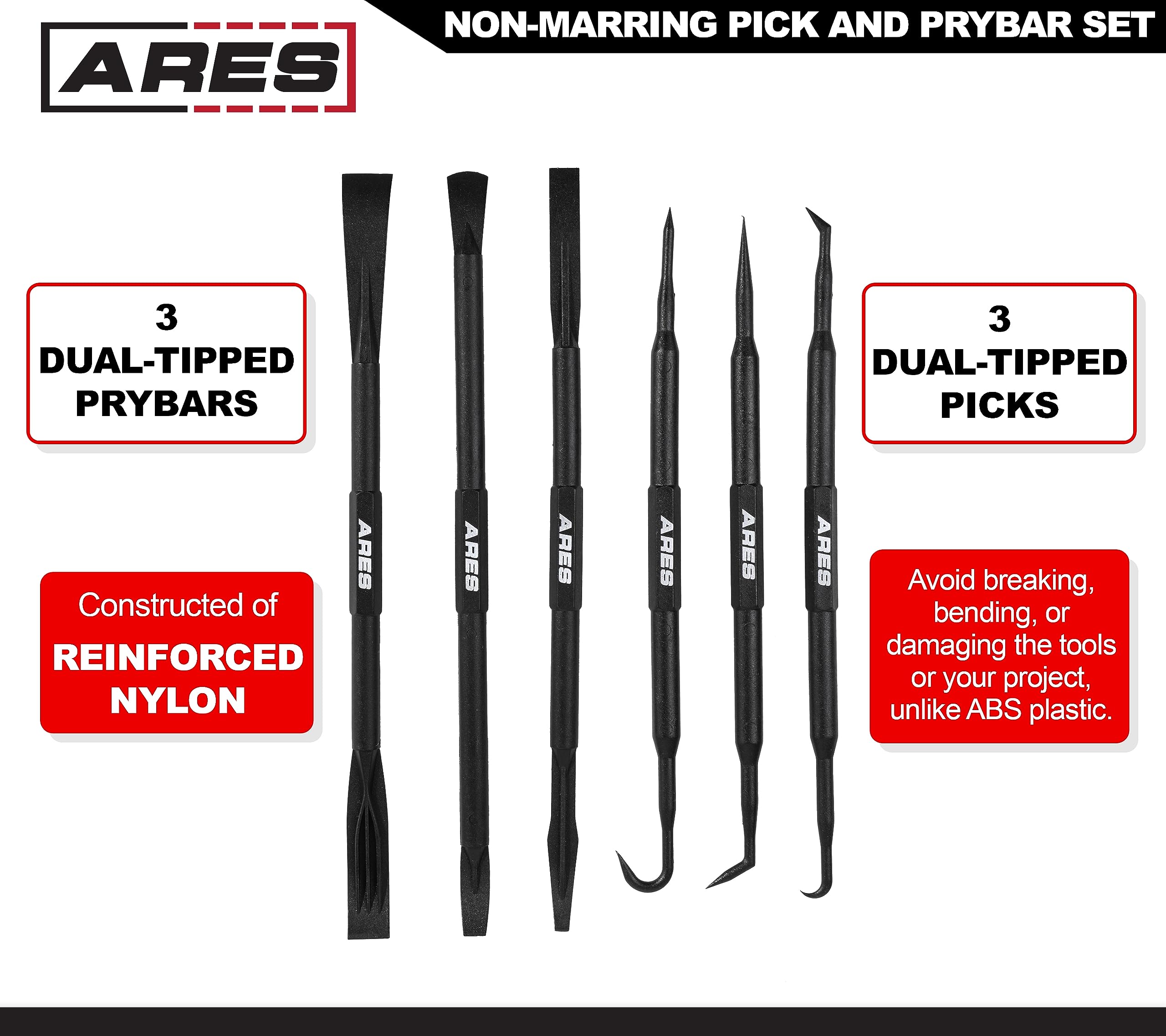 ARES 16003-6-Piece Non-Marring Pick and Prybar Set - Protects Fasteners, O-Rings, Seals, Gaskets, and Trim on Automotive and Electronics Applications During Use