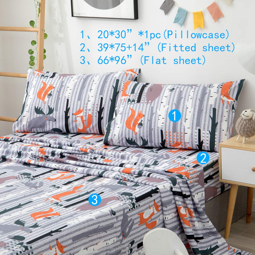 JSD Kids Printed Sheets Set Twin, Cute Forest Animals Fox Soft Microfiber Bed Sheets for Boys Girls, 3 Pieces