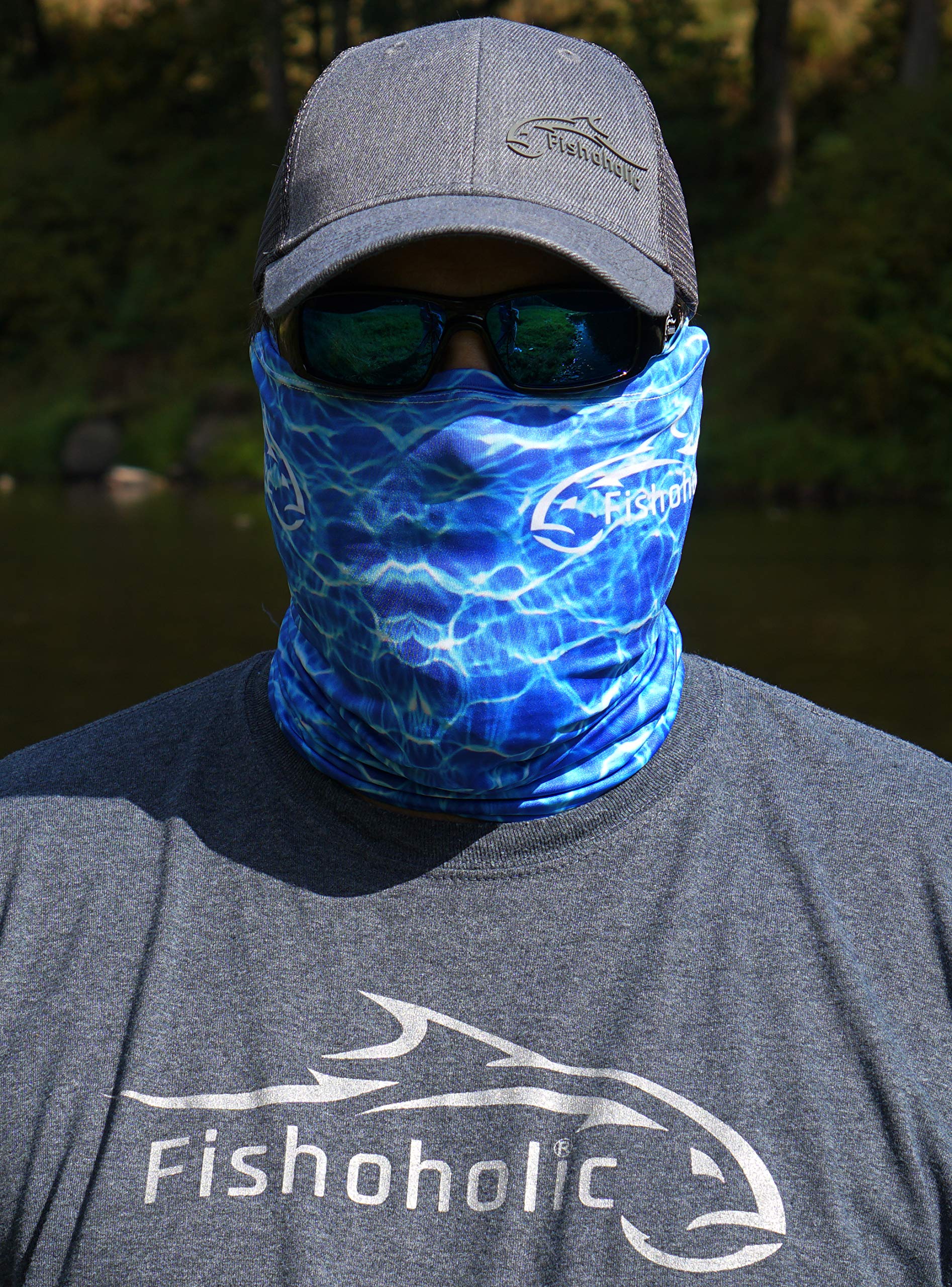 Fishoholic Fishing Face Mask Buff -3 Colors- UPF50+ Fishing Neck Gaiter Wind Dust Sun Protection Hunting Bandana (BlueH2OCamo)