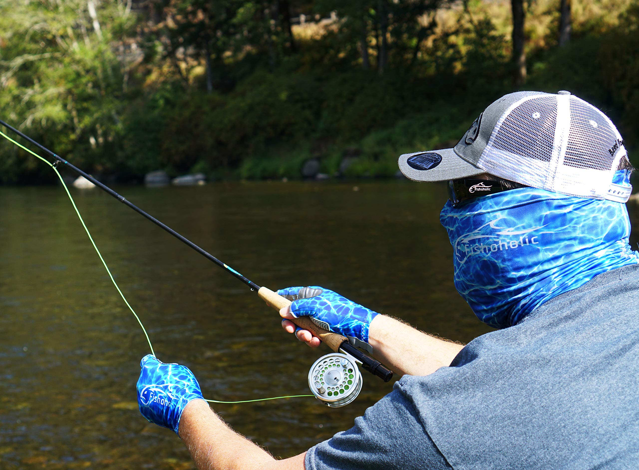 Fishoholic Fishing Face Mask Buff -3 Colors- UPF50+ Fishing Neck Gaiter Wind Dust Sun Protection Hunting Bandana (BlueH2OCamo)