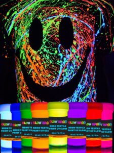 glow magic fabric uv paint set - set of 8 – neon textile black light paints - fluorescent tie dye clothing color – for vibrant glowing art projects - easter egg painting 8 x 20 ml / 0.7 fl oz