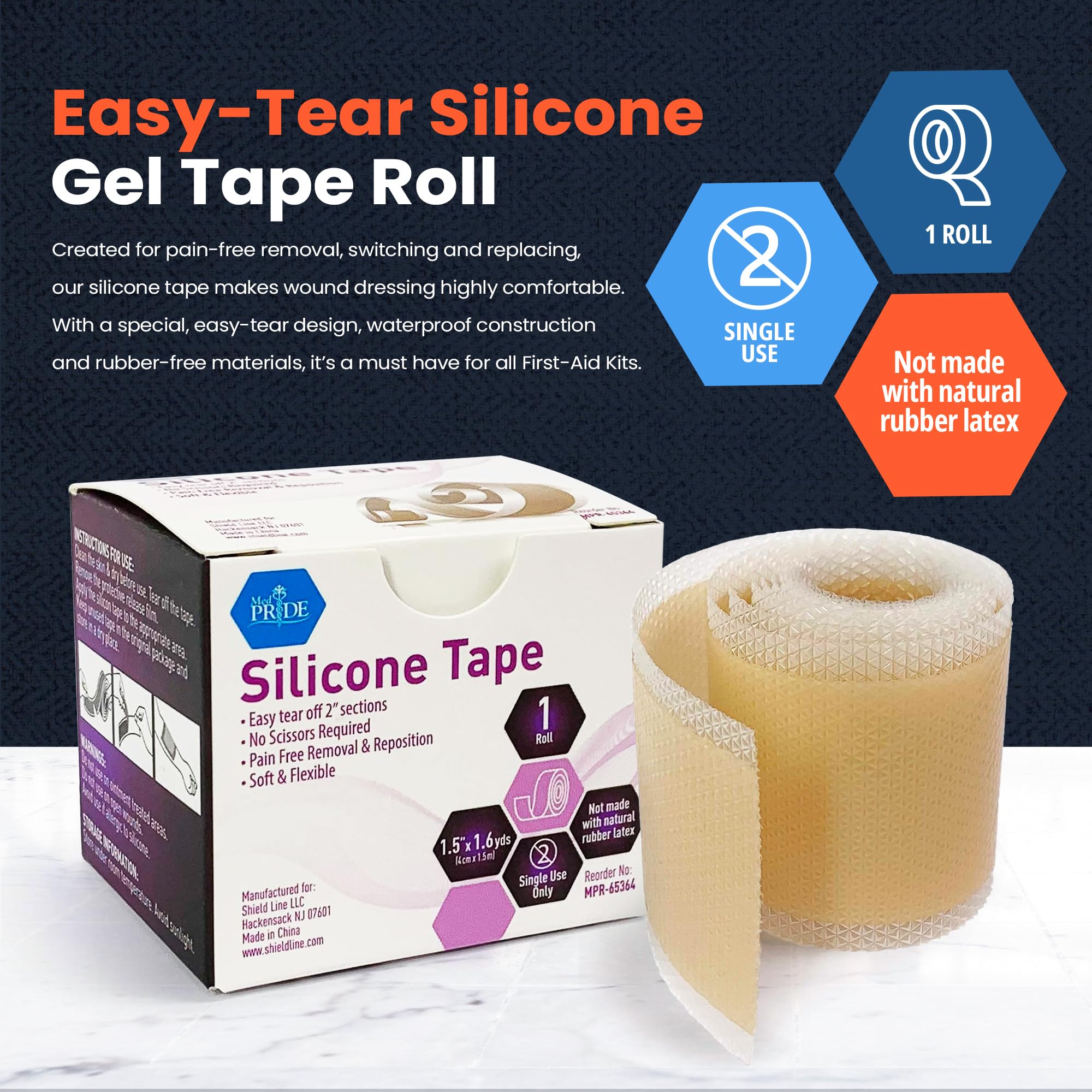 MEDPRIDE Easy-Tear Silicone Gel Tape Roll-1.5 Inch x 1.6 Yards- Medical Grade Wound Dressing, Sticky Bandage, Water + Shower-proof- Latex-Free, Adhesive, Soft + Flexible, Pain-Free Removal + Switching