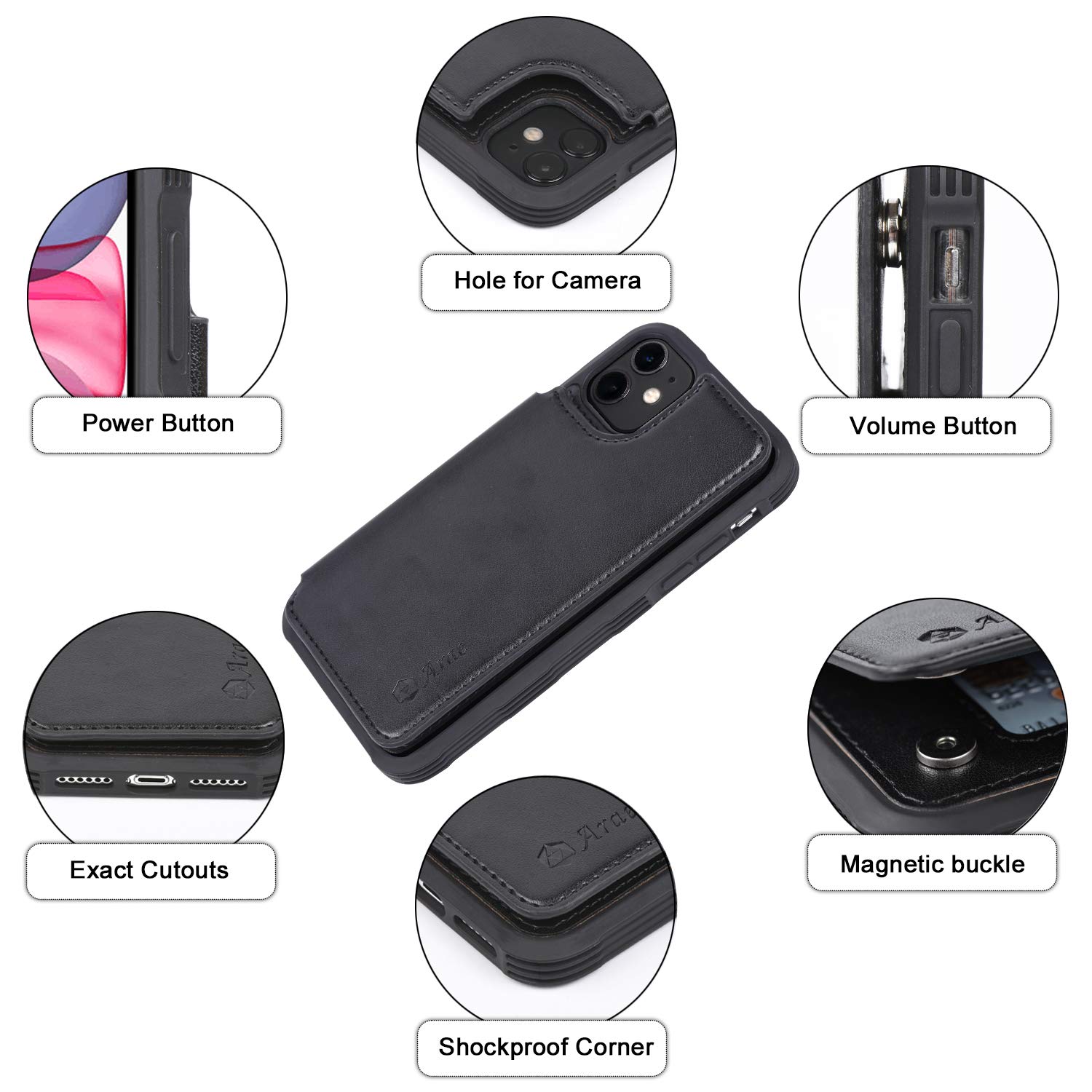 Arae Compatible for iPhone 11 Case with Card Holder - Wallet Case with PU Leather Card Pockets Back Flip Cover for iPhone 11 6.1 inch - Black