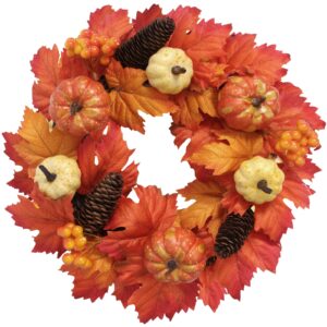 fall wreath for front door outside- 15 inch halloween wreath autumn harvest fall door wreath with artificial pumpkins maple leaves berries, thanksgiving wreaths decorations indoor outdoor fall decor