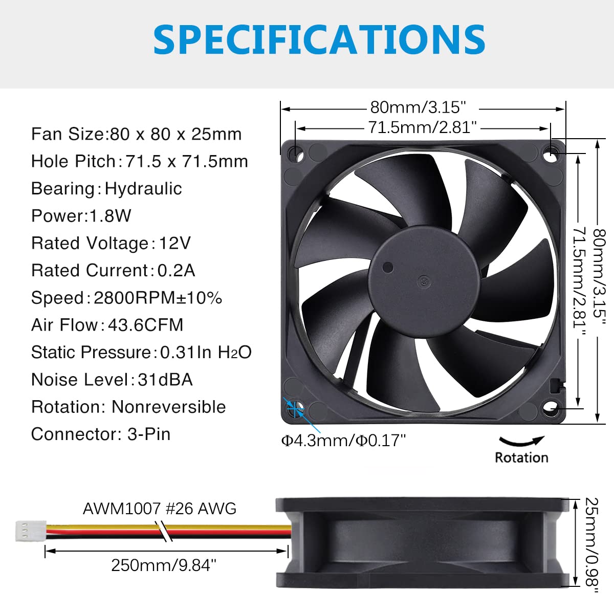 GDSTIME 80mm 8cm CPU Fan, 80mm x 25mm Brushless DC 12V 3PIN Brushless PC Computer Case Cooling Fan