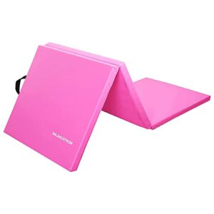 signature fitness three fold folding exercise mat with carrying handles for mma, gymnastics and home gym protective flooring, 1.5-inch thick, pink