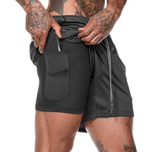 hanerdun men 2 in 1 workout running athletic shorts sport pants with pocket black