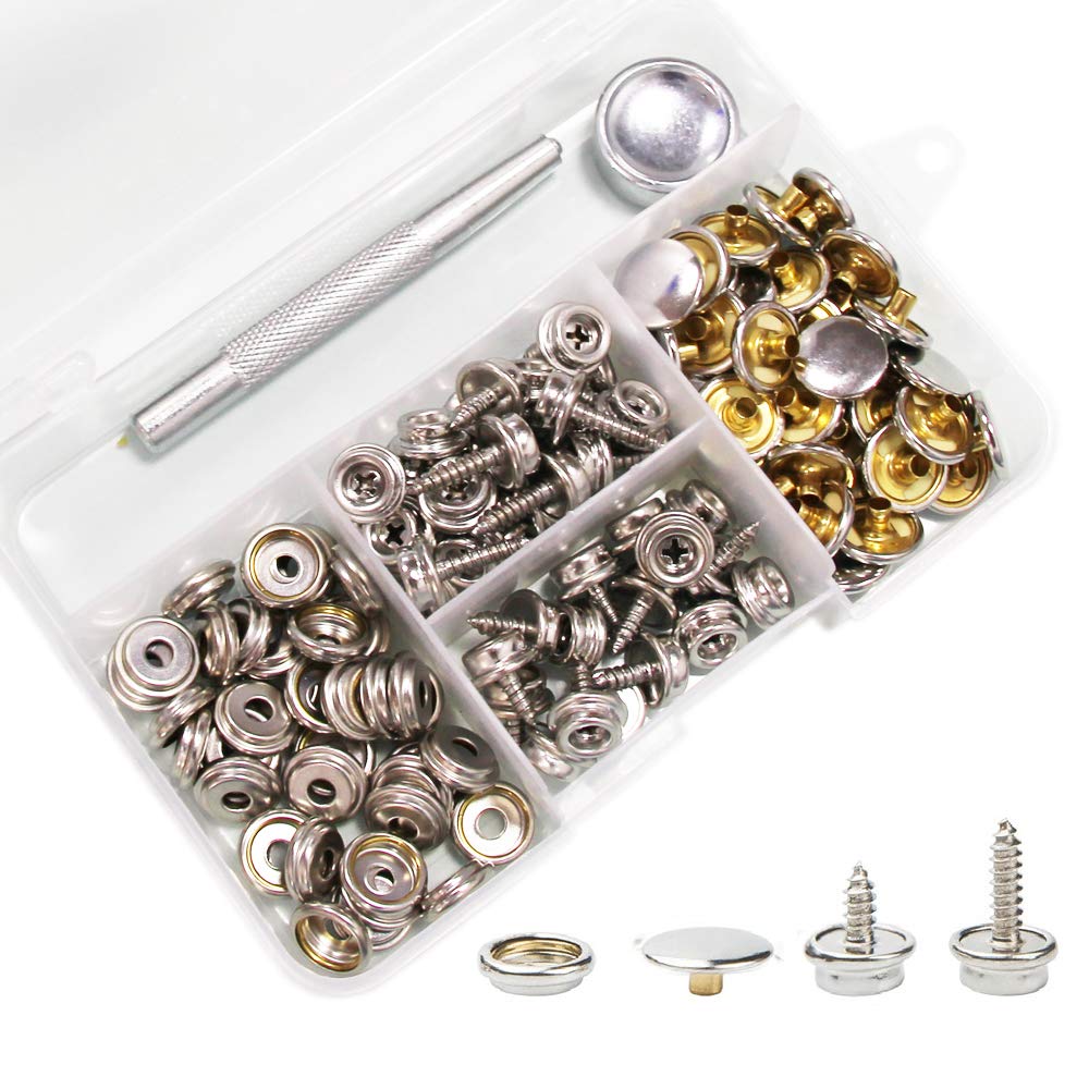 Snaps Kit for Boat Cover, 120pcs Canvas Screws Snaps Buttons Tool Marine Grade Sewing Fastener with 2Pcs Setting Tool