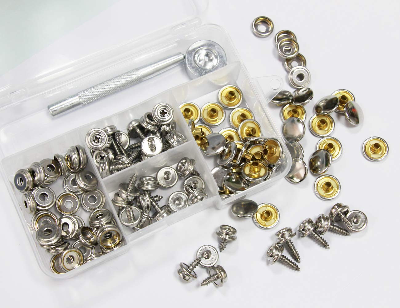 Snaps Kit for Boat Cover, 120pcs Canvas Screws Snaps Buttons Tool Marine Grade Sewing Fastener with 2Pcs Setting Tool