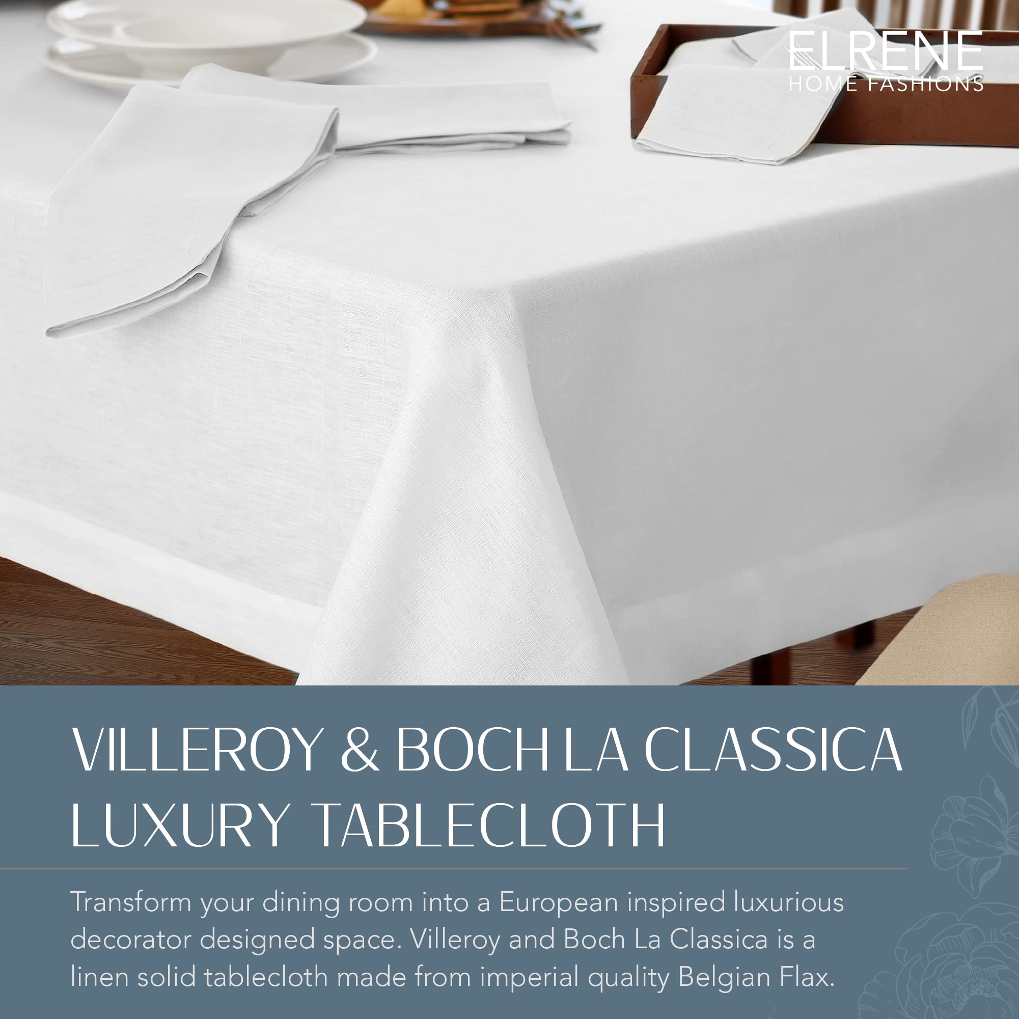 Elrene Home Fashions Villeroy & Boch La Classica Linen Tablecloth, Great for Formal Dining or Everyday Use, 70 Inches by 146 Inches, White