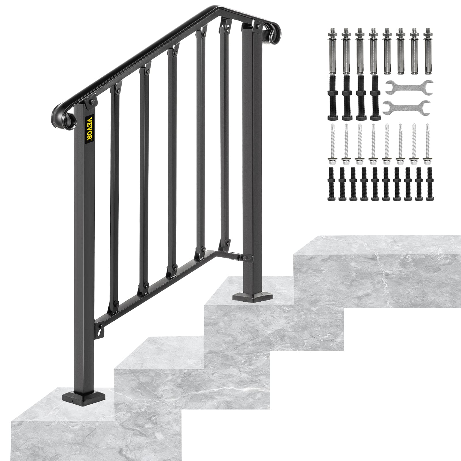 Happybuy Handrails for Outdoor Steps, Fit 2 or 3 Steps Outdoor Stair Railing, Picket#2 Wrought Iron Handrail, Flexible Porch Railing, Black Transitional Handrails for Concrete Steps or Wooden Stairs