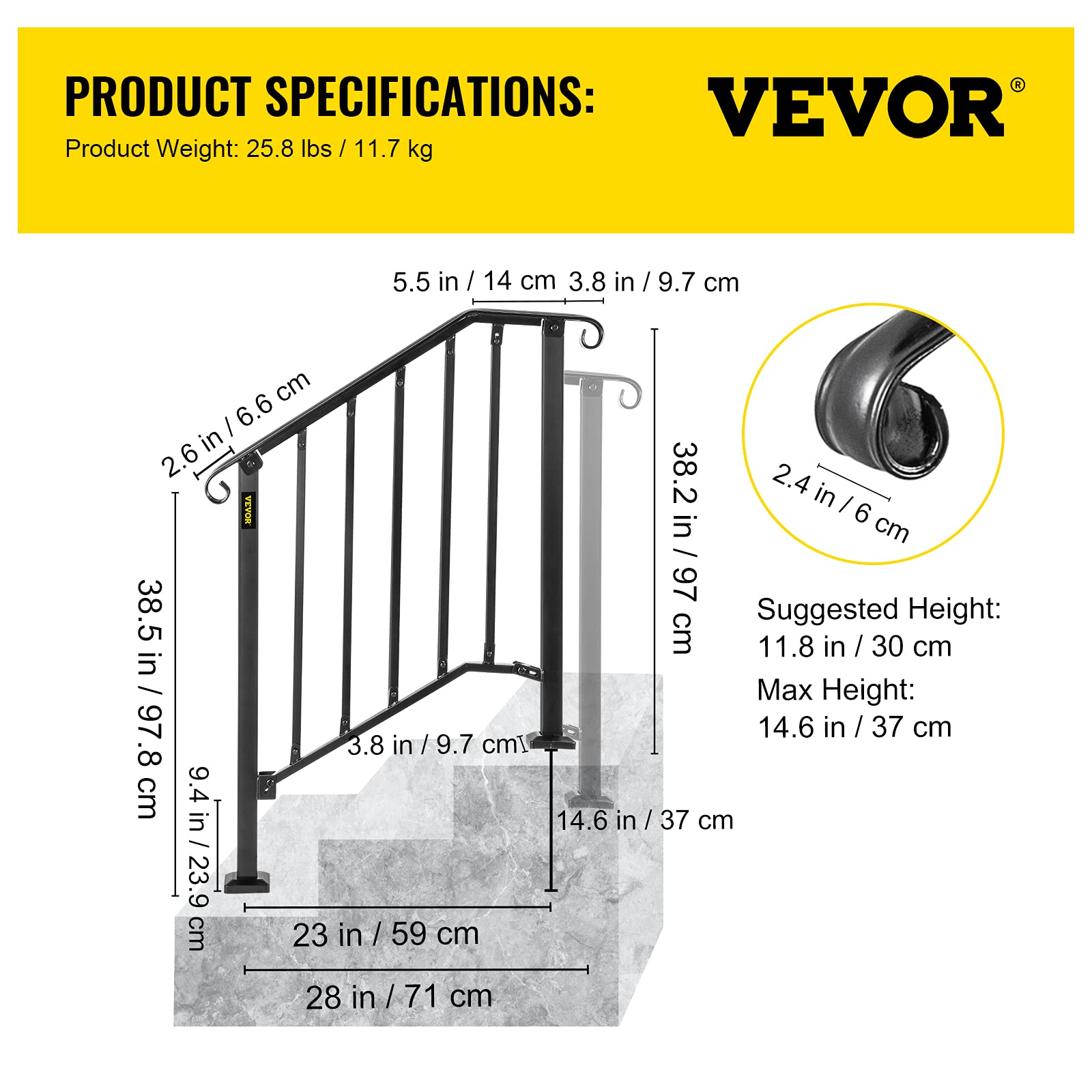 Happybuy Handrails for Outdoor Steps, Fit 2 or 3 Steps Outdoor Stair Railing, Picket#2 Wrought Iron Handrail, Flexible Porch Railing, Black Transitional Handrails for Concrete Steps or Wooden Stairs