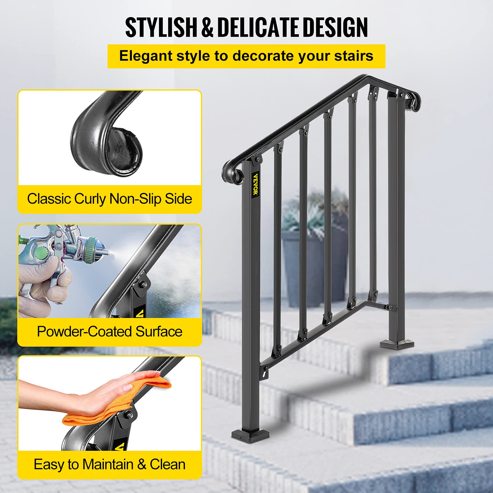 Happybuy Handrails for Outdoor Steps, Fit 2 or 3 Steps Outdoor Stair Railing, Picket#2 Wrought Iron Handrail, Flexible Porch Railing, Black Transitional Handrails for Concrete Steps or Wooden Stairs