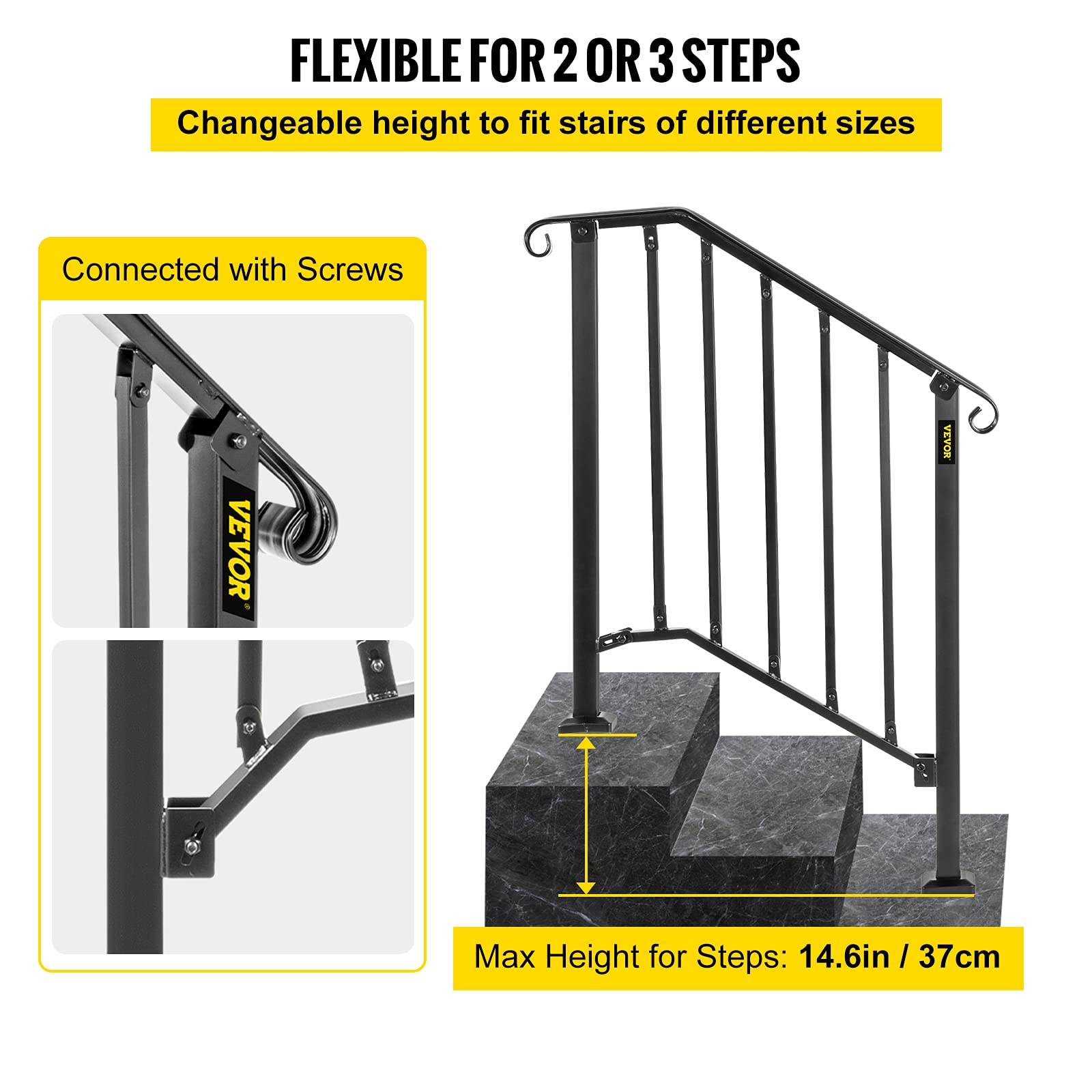 Happybuy Handrails for Outdoor Steps, Fit 2 or 3 Steps Outdoor Stair Railing, Picket#2 Wrought Iron Handrail, Flexible Porch Railing, Black Transitional Handrails for Concrete Steps or Wooden Stairs