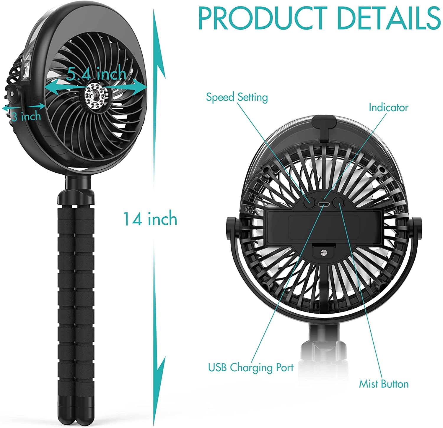 COMLIFE Misting Stroller Fan, 2500mAh Battery Powered Personal Desk Fan with Flexible Tripod, 3 Speed USB Fan for Stroller Office Camping,Black