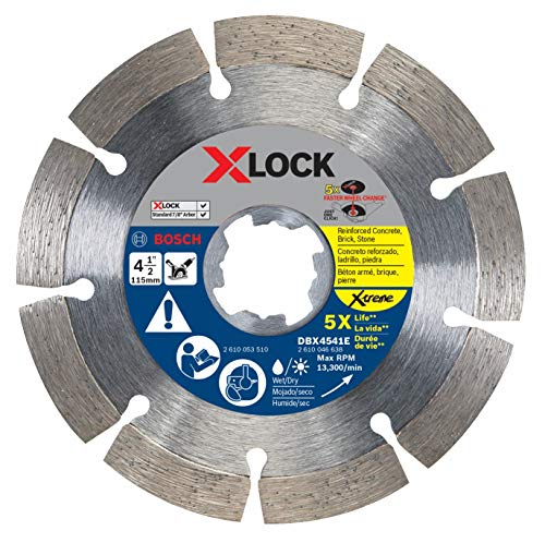 BOSCH DBX4541E 4-1/2 In. X-LOCK Segmented Rim Diamond Blade Xtreme Compatible with 7/8 In. Arbor for Application in Reinforced Concrete, Brick, Stone