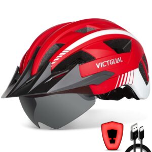 victgoal bike helmet with usb rechargeable rear light detachable magnetic goggles removable sun visor mountain & road bicycle helmets for men women adult cycling helmets (l: 57-61 cm, red)