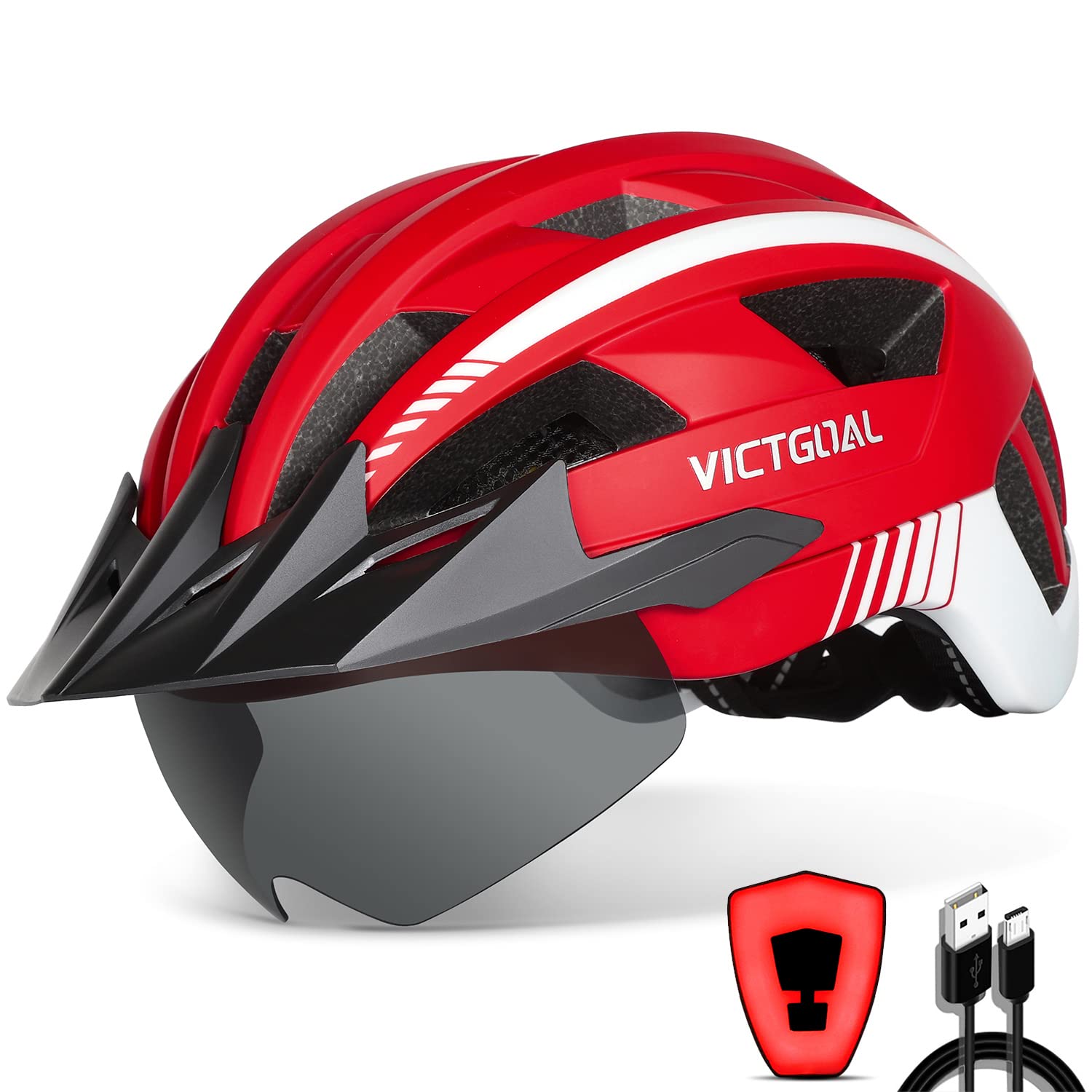 VICTGOAL Bike Helmet with USB Rechargeable Rear Light Detachable Magnetic Goggles Removable Sun Visor Mountain & Road Bicycle Helmets for Men Women Adult Cycling Helmets (L: 57-61 cm, Red)