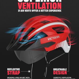 VICTGOAL Bike Helmet with USB Rechargeable Rear Light Detachable Magnetic Goggles Removable Sun Visor Mountain & Road Bicycle Helmets for Men Women Adult Cycling Helmets (L: 57-61 cm, Red)