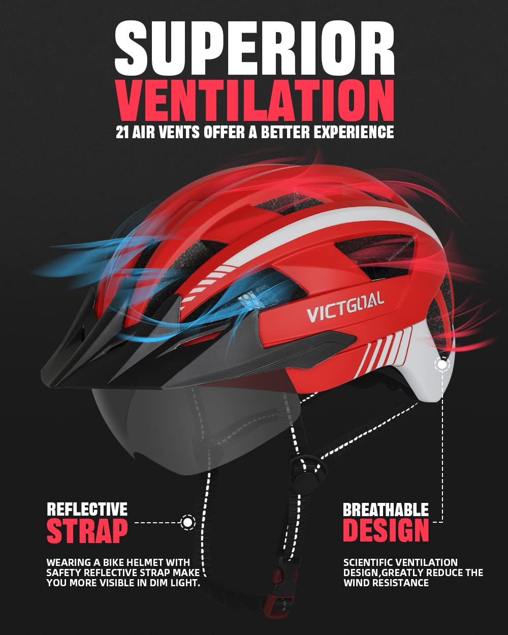 VICTGOAL Bike Helmet with USB Rechargeable Rear Light Detachable Magnetic Goggles Removable Sun Visor Mountain & Road Bicycle Helmets for Men Women Adult Cycling Helmets (L: 57-61 cm, Red)