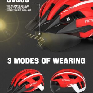 VICTGOAL Bike Helmet with USB Rechargeable Rear Light Detachable Magnetic Goggles Removable Sun Visor Mountain & Road Bicycle Helmets for Men Women Adult Cycling Helmets (L: 57-61 cm, Red)