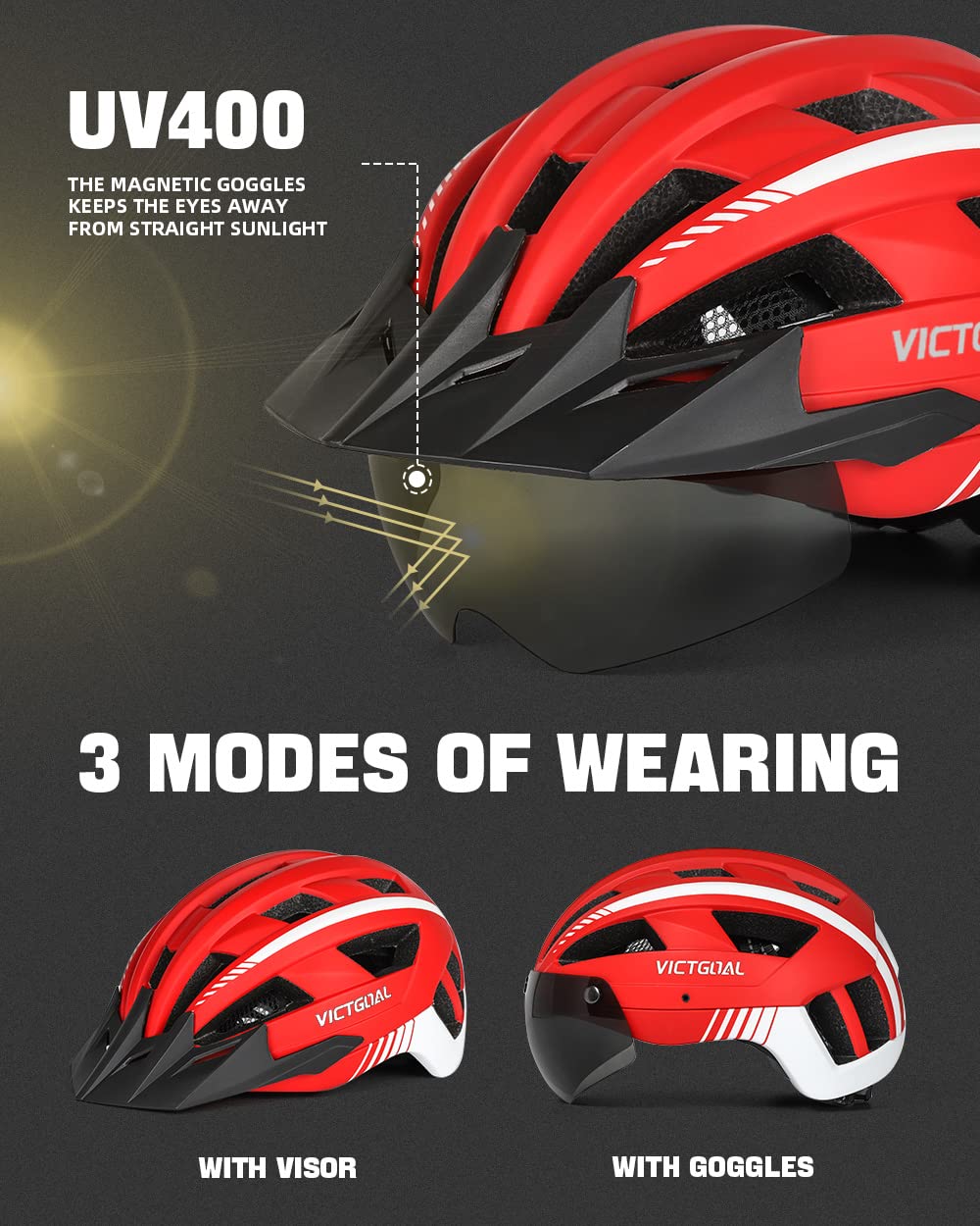 VICTGOAL Bike Helmet with USB Rechargeable Rear Light Detachable Magnetic Goggles Removable Sun Visor Mountain & Road Bicycle Helmets for Men Women Adult Cycling Helmets (L: 57-61 cm, Red)