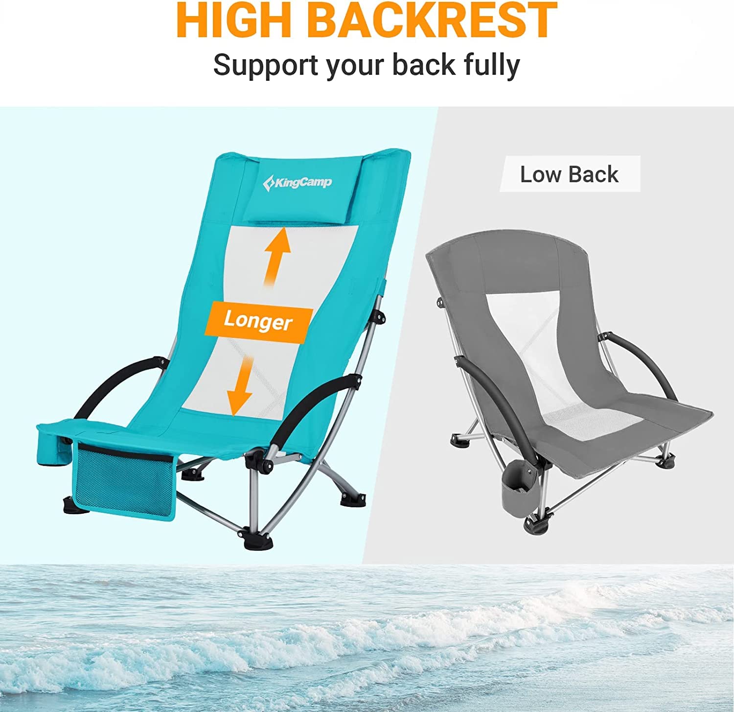 KingCamp Folding Backpack Beach Chair 2 Pack, Sturdy & Lightweight High Back Camping Chair with Headrest, Cup Holder, Seatback Pocket, for Outdoor Sand