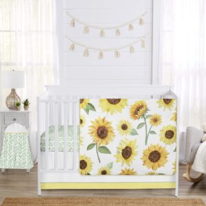 sweet jojo designs yellow, green and white sunflower boho floral baby girl nursery crib bedding set - 4 pieces - farmhouse watercolor flower