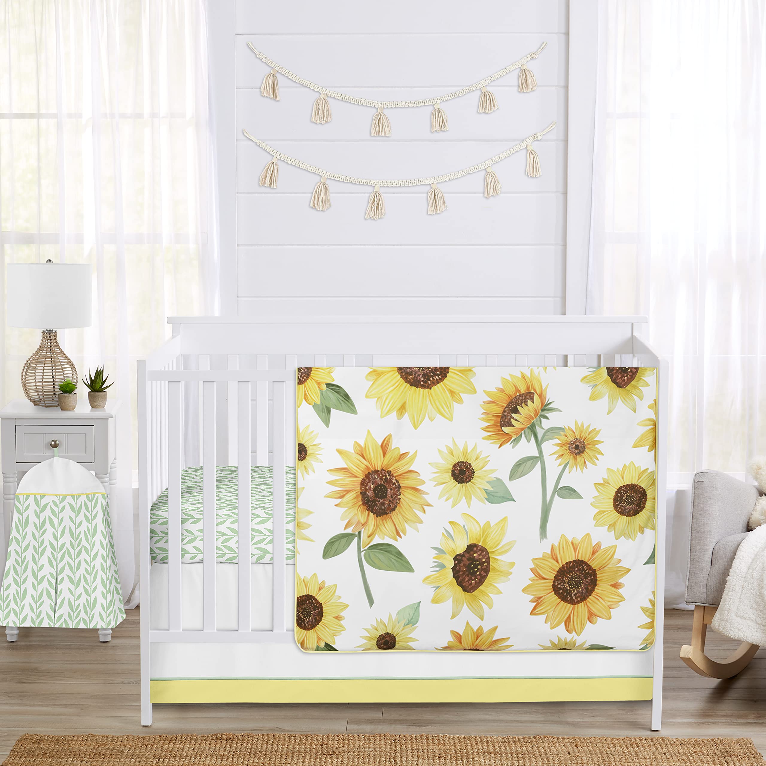 Sweet Jojo Designs Yellow, Green and White Sunflower Boho Floral Baby Girl Nursery Crib Bedding Set - 4 Pieces - Farmhouse Watercolor Flower